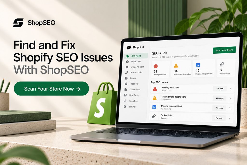 ShopSEO SEO audit dashboard highlighting missing Shopify meta titles, meta descriptions, image alt text, and broken links, with a call to scan the store.