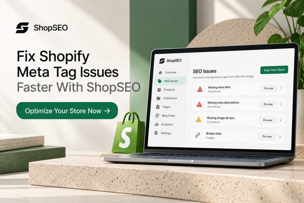 ShopSEO dashboard highlighting missing Shopify meta titles, meta descriptions, image alt text, and broken links, with an option to optimize the store.