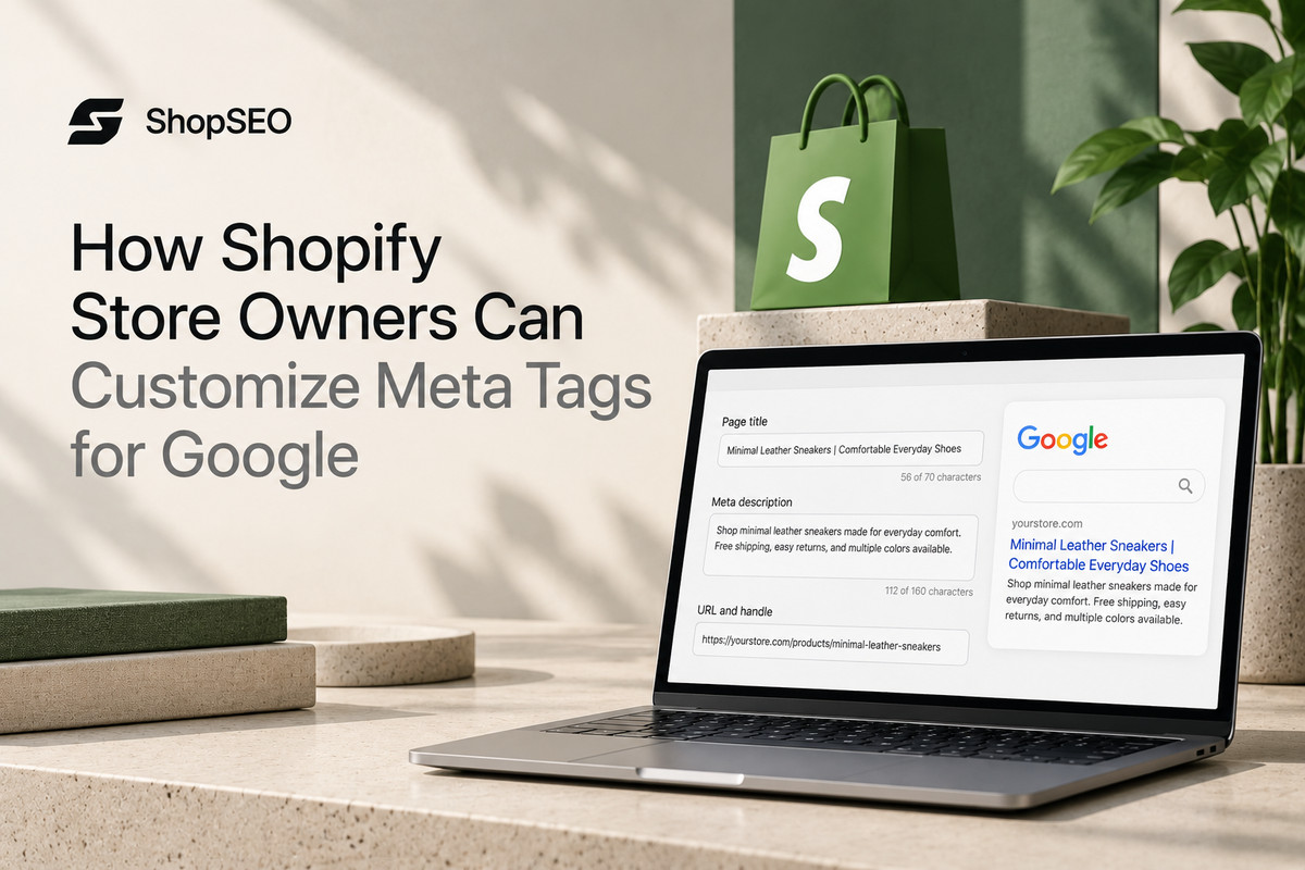 ShopSEO feature image showing Shopify meta title and description fields alongside a Google search result preview.