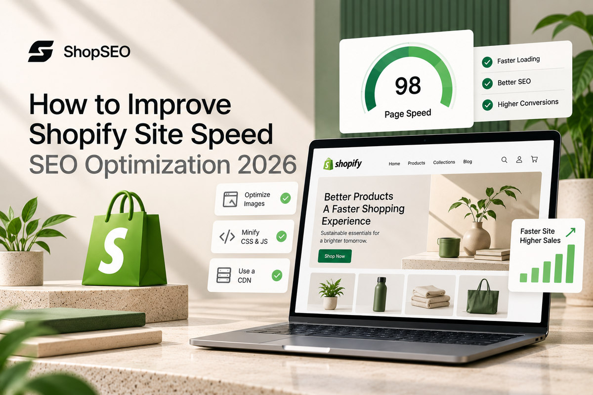 ShopSEO feature image illustrating Shopify site speed optimization, with a page speed gauge, storefront, and SEO improvement checklist.