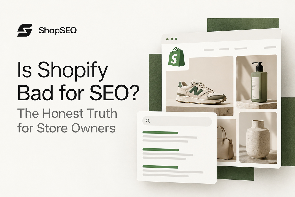 ShopSEO feature image exploring whether Shopify is bad for SEO, with an online store layout and search results.