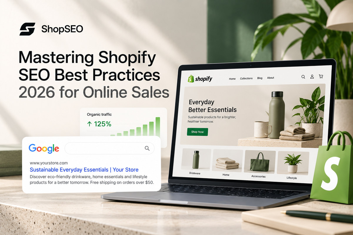ShopSEO feature image illustrating Shopify SEO best practices for 2026, with an online storefront, Google search result, and organic traffic chart.