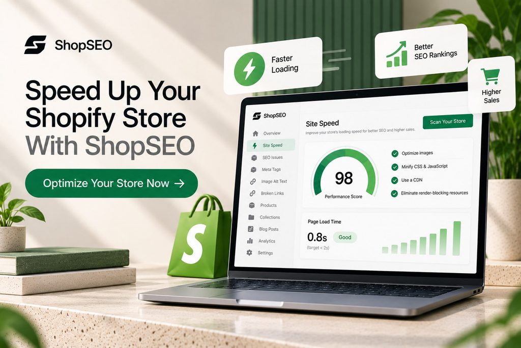 ShopSEO site speed dashboard showing Shopify performance metrics, image optimization, CSS and JavaScript minification, and a call to optimize store speed.